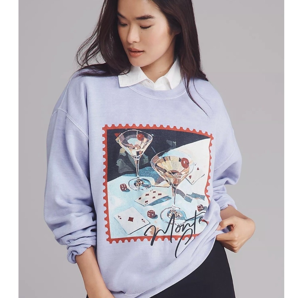 Anthropologie Game Night Sweatshirt Graphic Medium Purple Oversized Lounge Retro